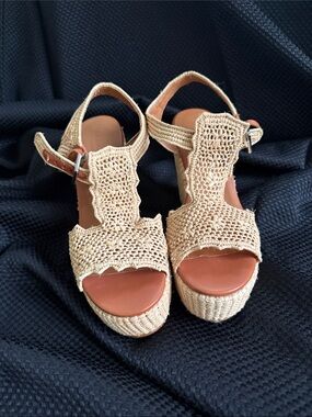 Robert Clergerie Beige Woven T-Strap Wedge Sandals